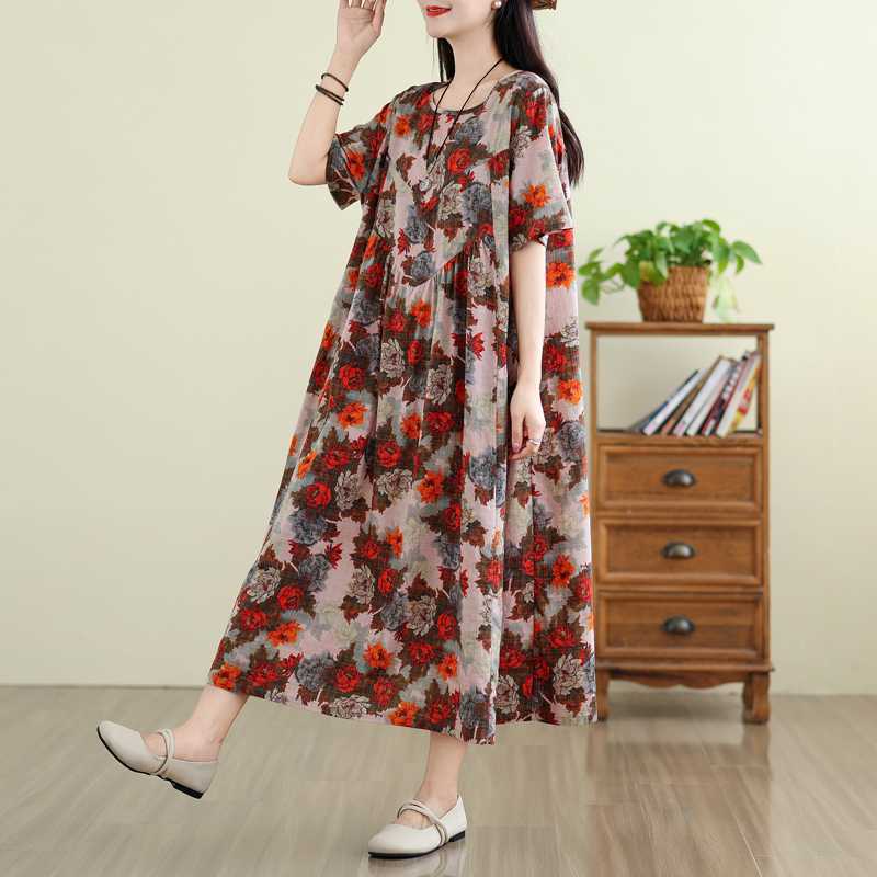 Платье в стиле ретро из хлопка и льна с круглым вырезом и короткими рукавами, женская свободная юбка