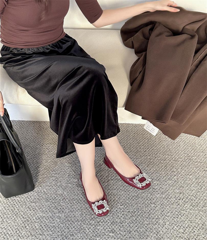 Temperament Rhinestone Square Buckle Single Shoes Fairy Shoes 2025 Korean Version Inner Height Increase One Pedal Commuter Shoes
