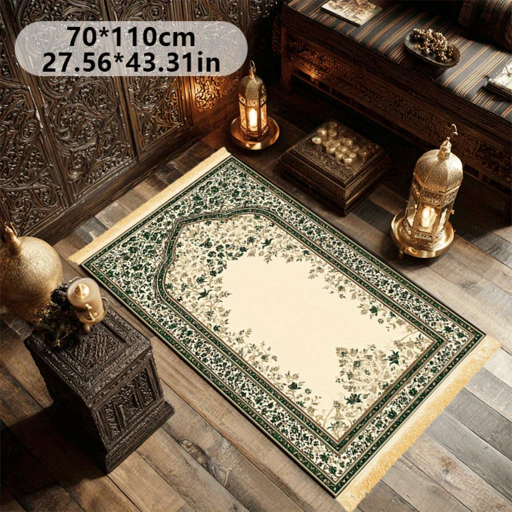 Luxury Green Floral Boho Print Muslim Prayer Mat, Foldable Travel, Washable Lightweight Rug for Ramadan, Eid, Mosque Use
