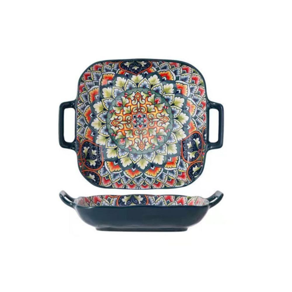 Посуда Двуручная ручка Богемская керамическая тарелка Квадратная Ретро Салатница Цветная Фруктовая тарелка Микроволновая печь