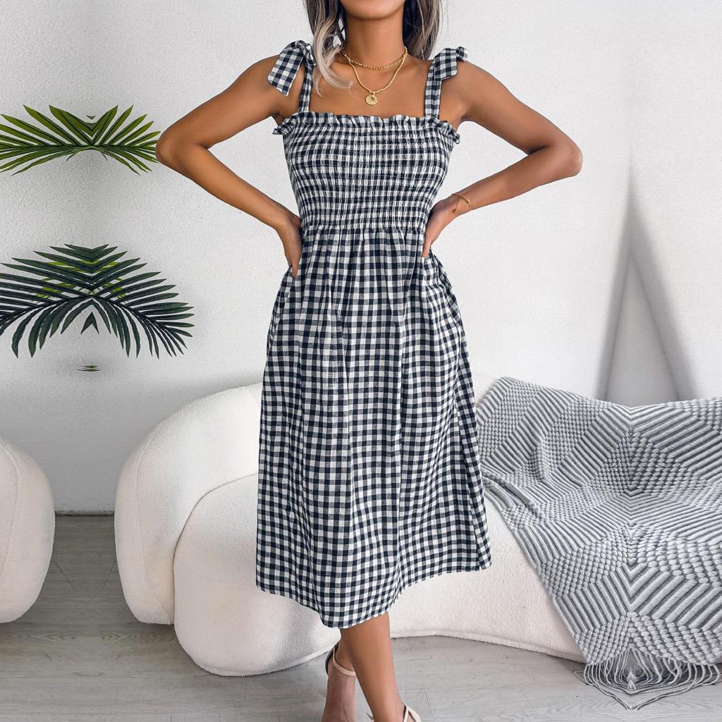 Женское повседневное платье без рукавов с лямкой на шее и лямкой на шнуровке, контрастное клетчатое длинное платье с высокой талией, S-XL