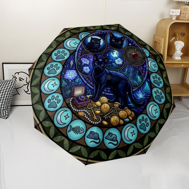 Night Cats Treasure pattern umbrella, portable and foldable design, 8 ribs, a casual accessory for Halloween, Christmas, and birthday gifts.