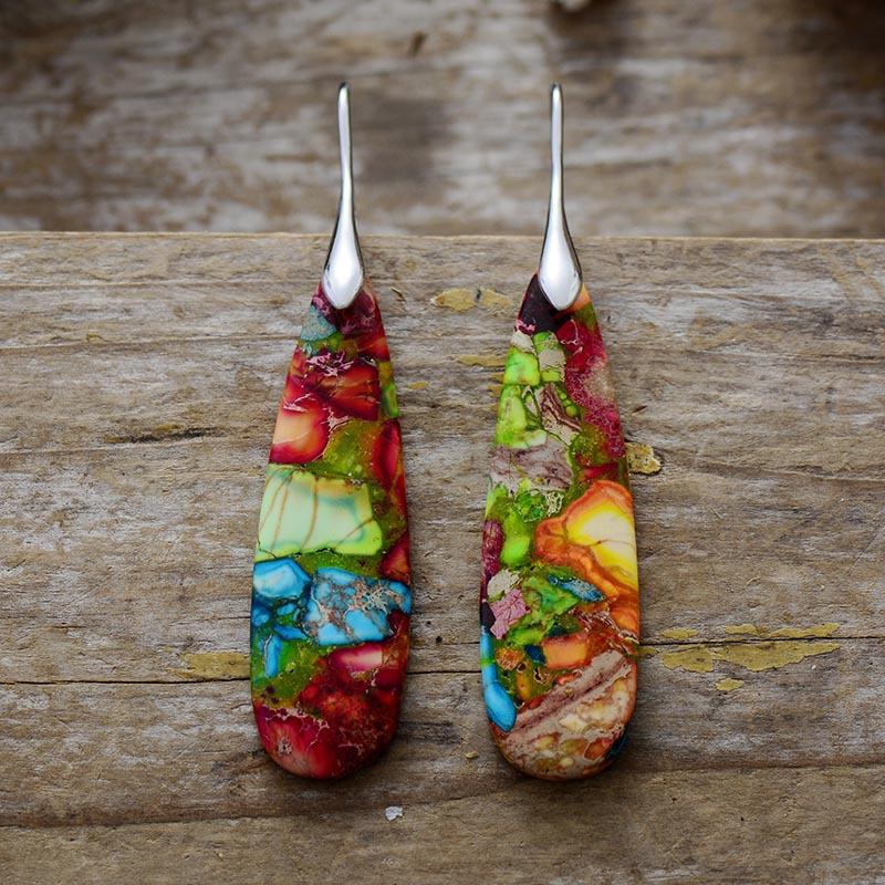 BLINGBAY Women's Bohemian Vintage Natural Stone Drop Earrings Colorful Resin Inlay Long Dangle Earrings Ethnic Jewelry Gift