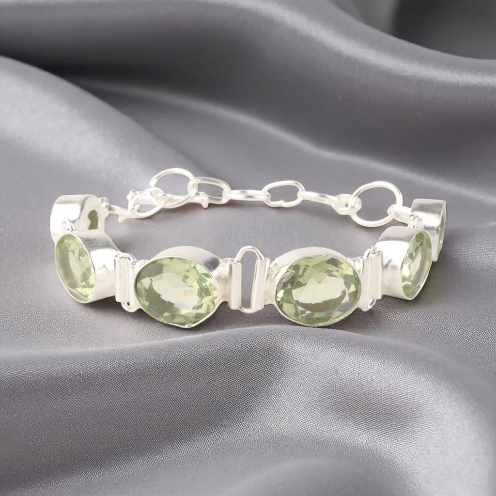 Зеленый Аметист Драгоценный Камень 925 Стерлинговое Серебро Подарочные Украшения Браслет Ручной Работы 8" RB-4-13