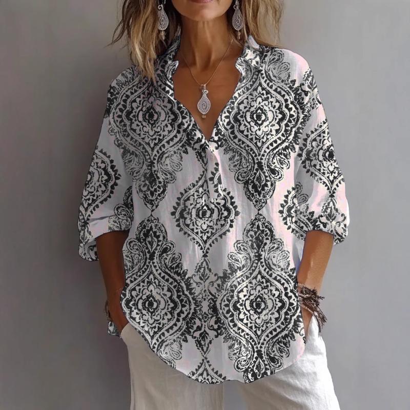 2025 Новая женская повседневная рубашка с длинным рукавом, воротником-стойкой, обычного кроя, с цифровым принтом