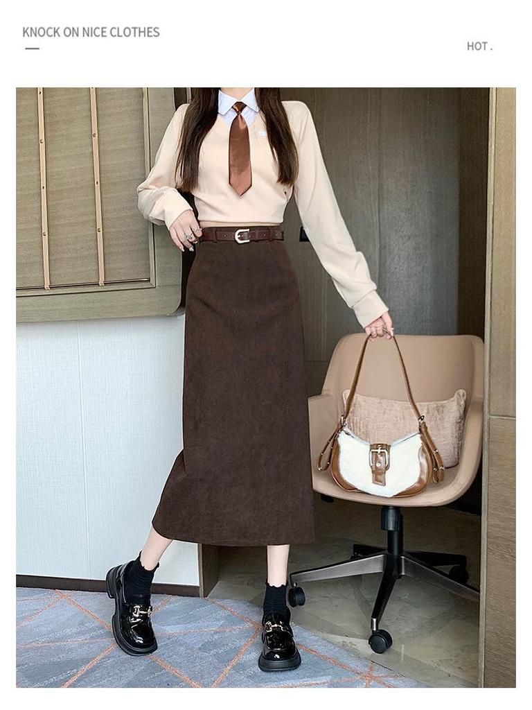 Женская вельветовая ретро осенне-зимняя приталенная прямая юбка с разрезом сзади