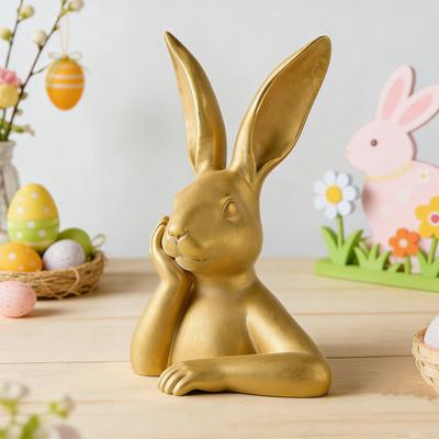 Золотая статуэтка кролика на Пасху 3D-печать Статуэтка думающего кролика Винтажное настольное украшение для весеннего камина Полки Центральный элемент