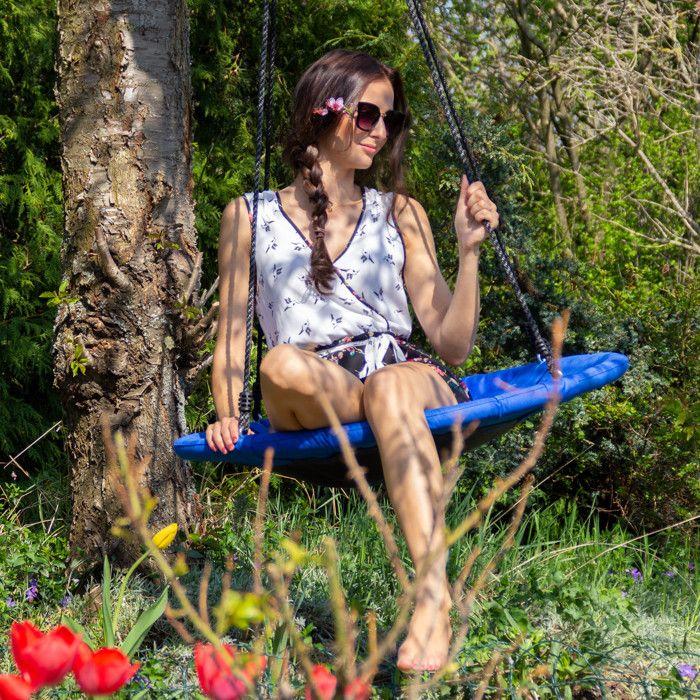 Relaxdays Balançoire nid d'oiseau rond pour le jardin avec assise charge max. 100 kg extérieur HxlxP: 145 x 100 x 100 cm, bleu foncé