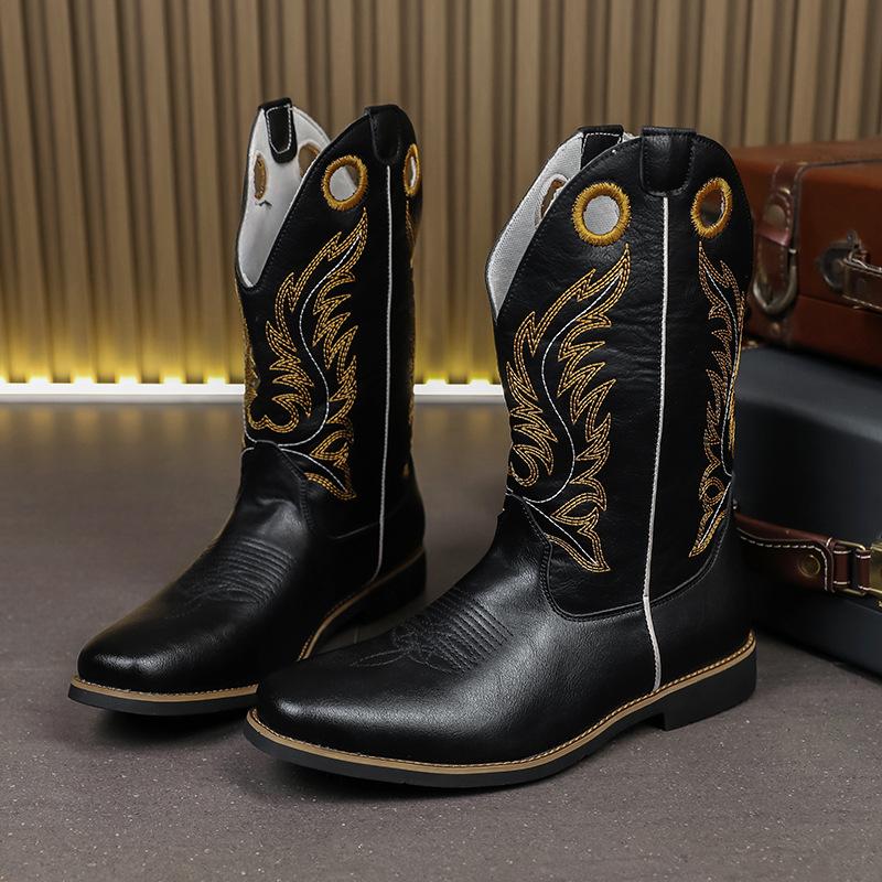 Мужские полусапоги Классические этнические вышитые ковбойские сапоги в западном стиле Дизайнерские сапоги рыцаря с квадратным носком Качественная кожа Повседневные сапоги