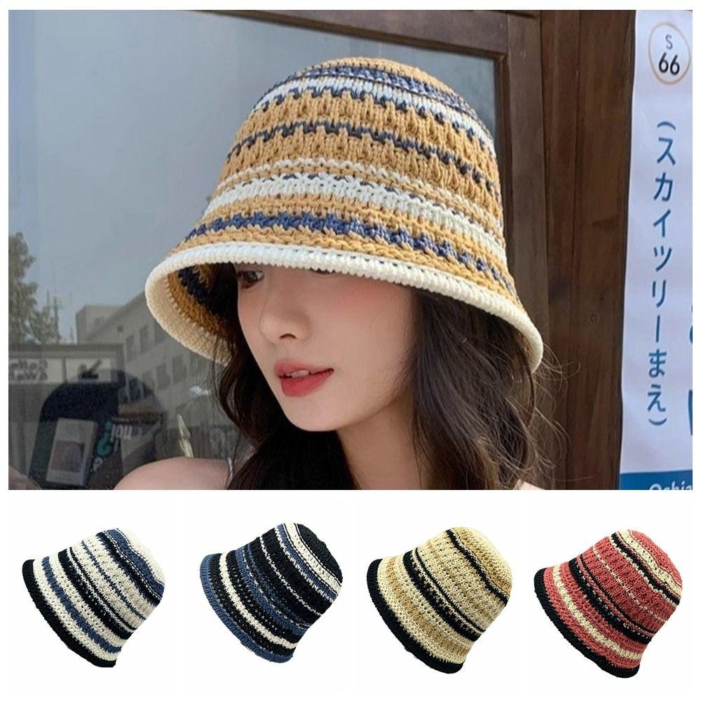 Temperament Knitted Bucket Hat Stripe Sun Protection Cap Fashion Fisherman Hat Daily