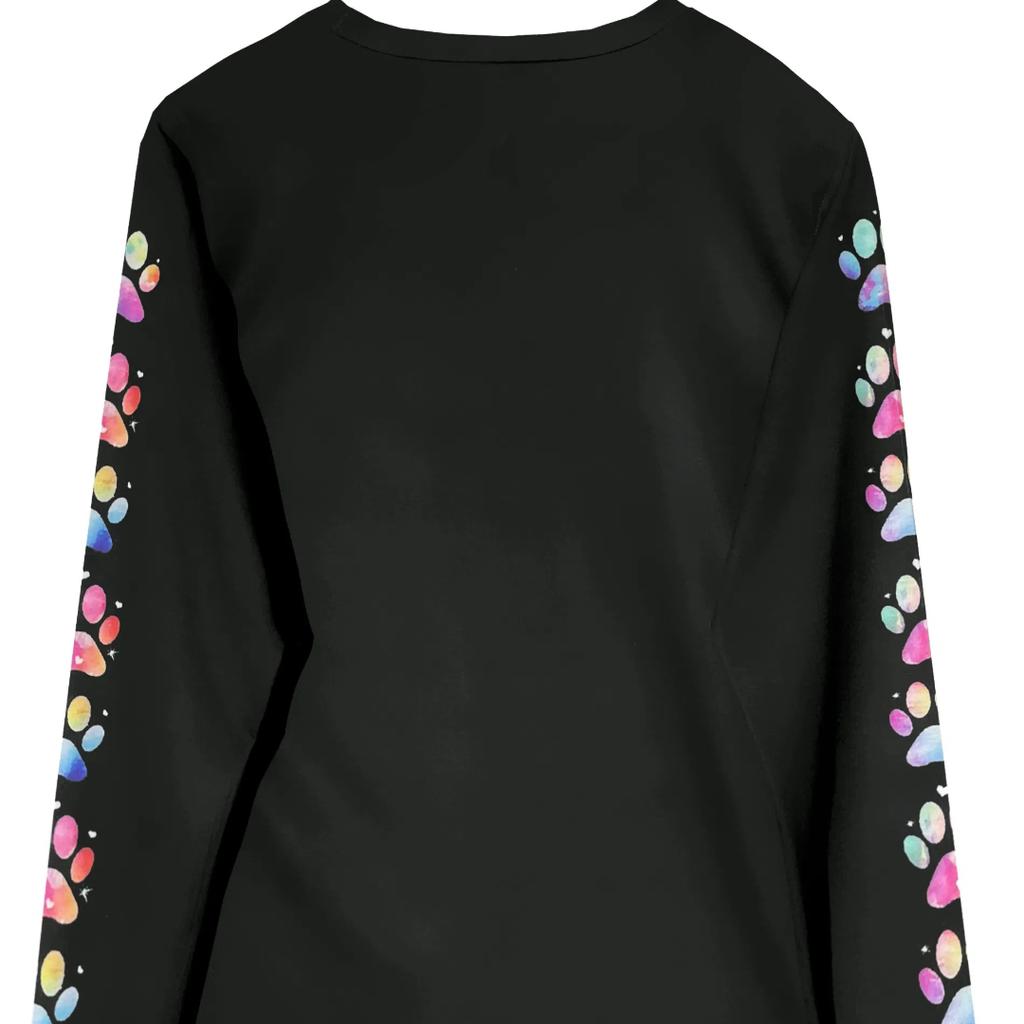 Round Neck T-shirt with Heart and Paw Print Pattern, Casual Long-sleeved T-shirt for Spring and Autumn, Women's Clothing, Valentine's Day