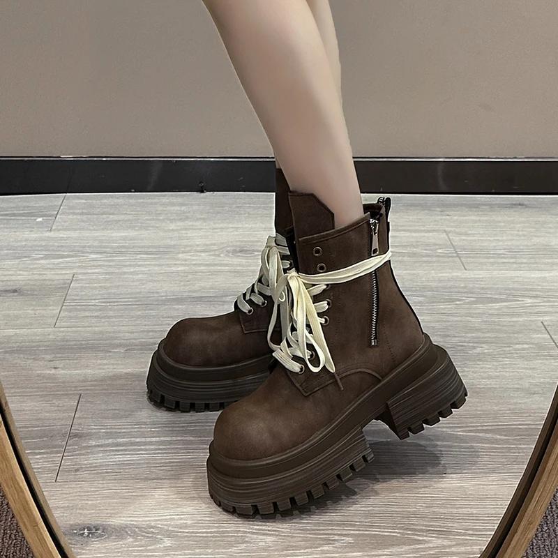 Модная женская обувь 2024 года, высококачественные женские ботинки со шнуровкой спереди, модные ботинки с круглым носком для офиса и карьеры, лидер продаж, ботинки до середины икры на молнии