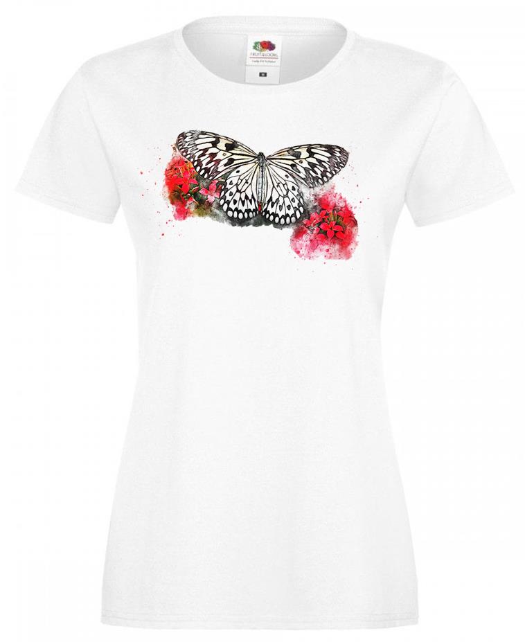 Ladies White Butterfly Floral Insect Water Colour Style TShirt