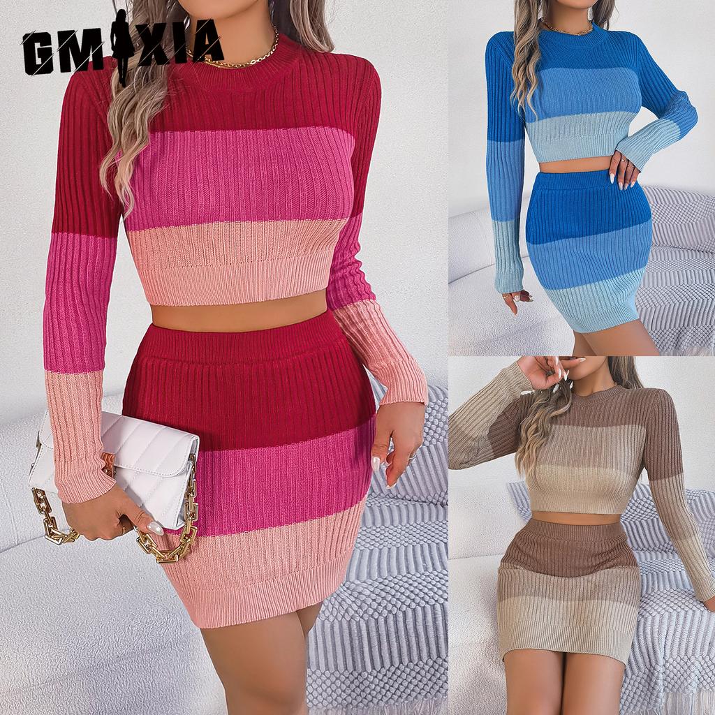 GMXIA Autumn and Winter Multi-color Long-sleeved Crop Top, Hip-hugging Skirt, Knitted Suit Women's Wear
