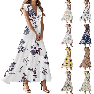 Женское летнее повседневное модное платье с цветочным принтом и V-образным вырезом с коротким рукавом