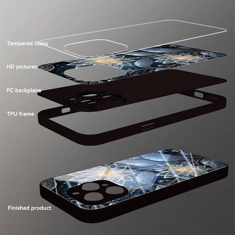 Светящийся Цветочный Узор Закаленное Стекло Чехол Для Телефона Для iPhone 17 16 15 14 Pro Max 13 12 11 Pro 16E 17Air 7 8 Plus XR XS X Чехол