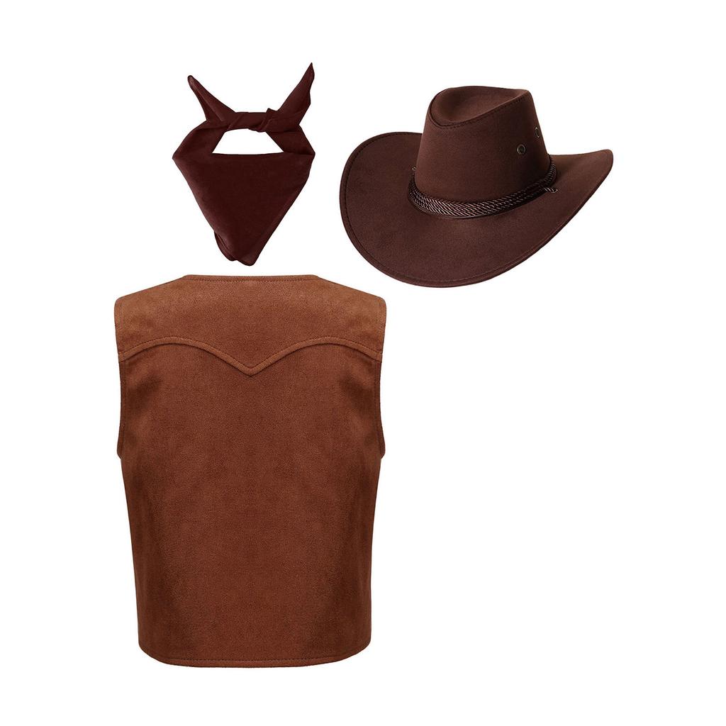 Детский костюм ковбоя, набор 3 предмета, жилет с бахромой с коровьим принтом, бандана с пейсли, ковбойская шляпа, Хэллоуин, карнавал, наряд