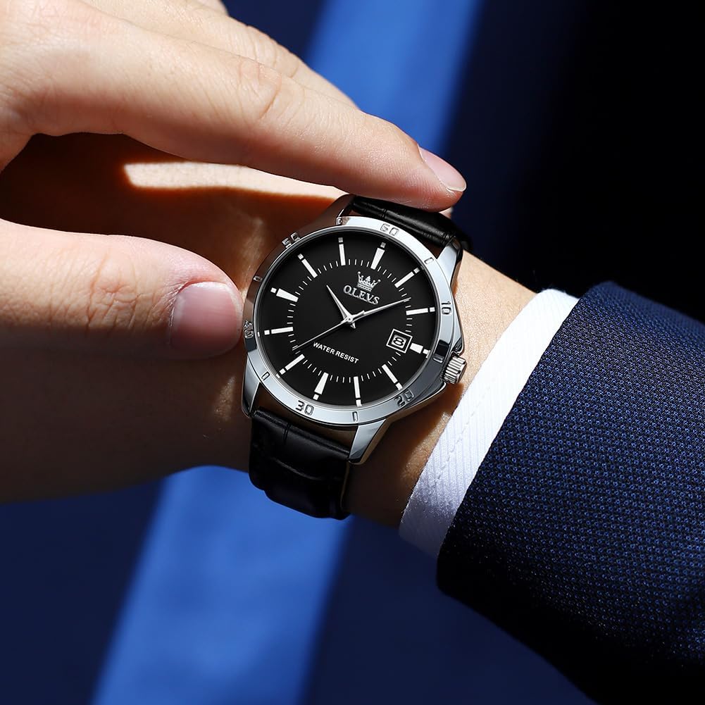 OLEVS Кварцевые популярные часы Простые стильные кожаные часы с водонепроницаемым календарем Роскошные классические часы с легким считыванием Модные студенческие часы для компании Черные мужские часы