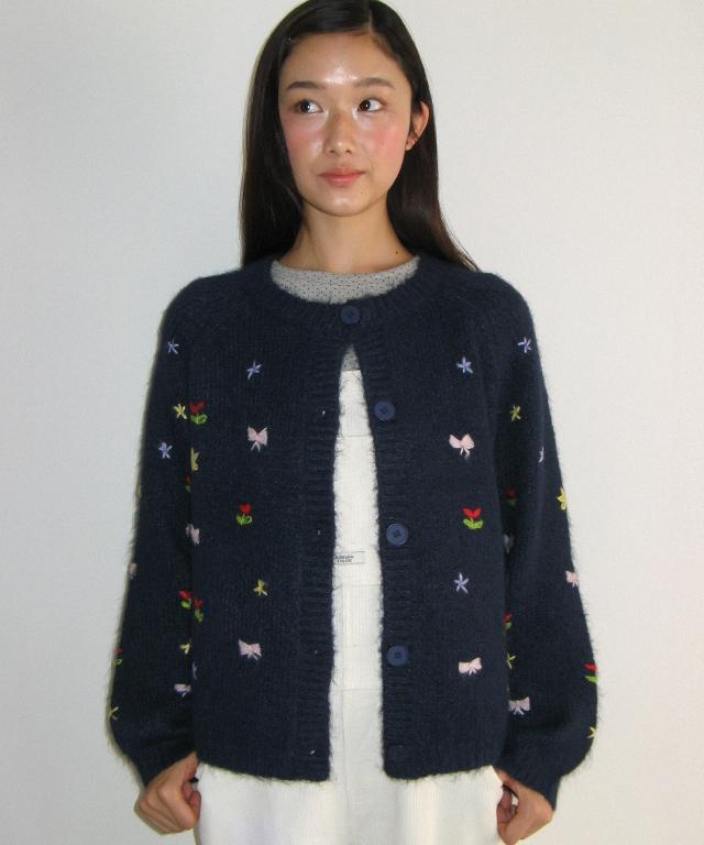 RONRON Petit Embroidery Knit Cardigan Navy
