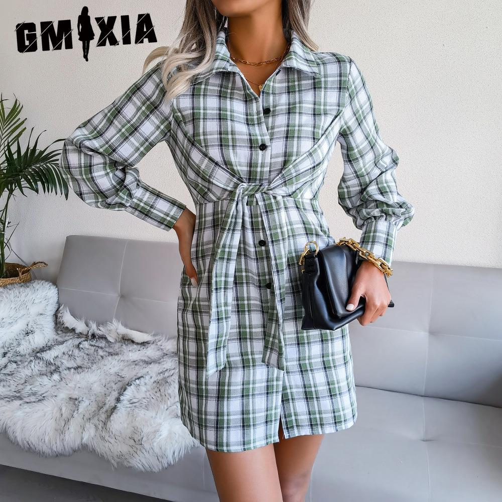 GMXIA Осенне-зимнее повседневное клетчатое хлопково-льняное платье-рубашка на шнуровке с длинными рукавами для юбки
