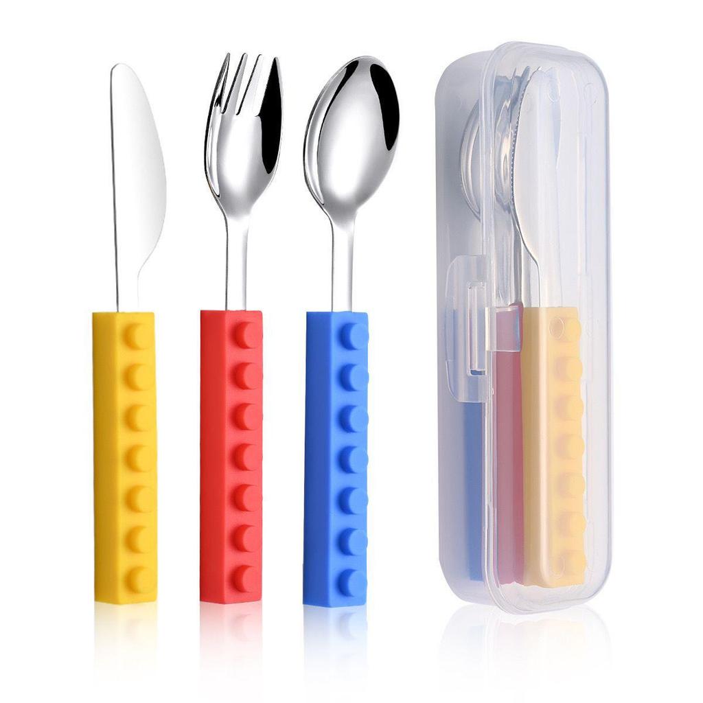 Силиконовые строительные блоки из нержавеющей стали, набор детских столовых приборов: Нож, вилка и ложка для младенцев.