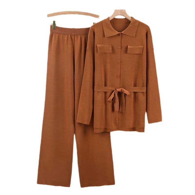 Плюс Размер Женская Весенняя Мода Трикотаж Новый Свободный Кардиган Средней Длины С Отворотами Широкие Брюки Комплект Из Двух Частей