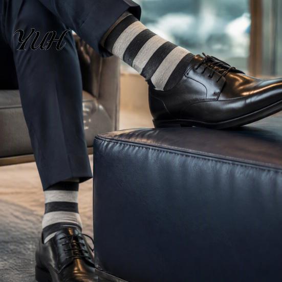 Comfortable Business Dress Socks 1 Pair Men's Stripe Crew Socks, Mid-Calf for Business, Large Size Casual Breathable Cotton with High-Elastic