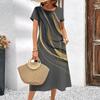 Elegant Women Dress Summer Short Sleeves Dresses Streaks Printed Woman Clothing Loose A-Line Skirt Casual Round Collar Pullover