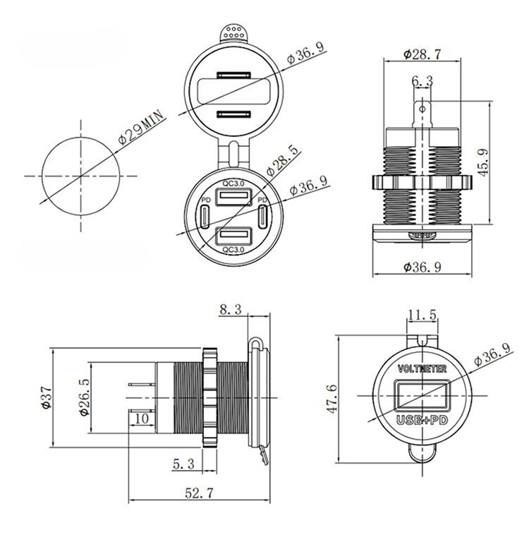Автомобильное зарядное устройство PD QC3.0 мощностью 65 Вт с 4 портами и светодиодным дисплеем напряжения — быстрая зарядка для iPhone/Samsung/Huawei с водонепроницаемым чехлом