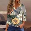 Женская модная повседневная футболка с v-образным вырезом и декоративными пуговицами, рукавом три четверти, с цветочным принтом, топ
