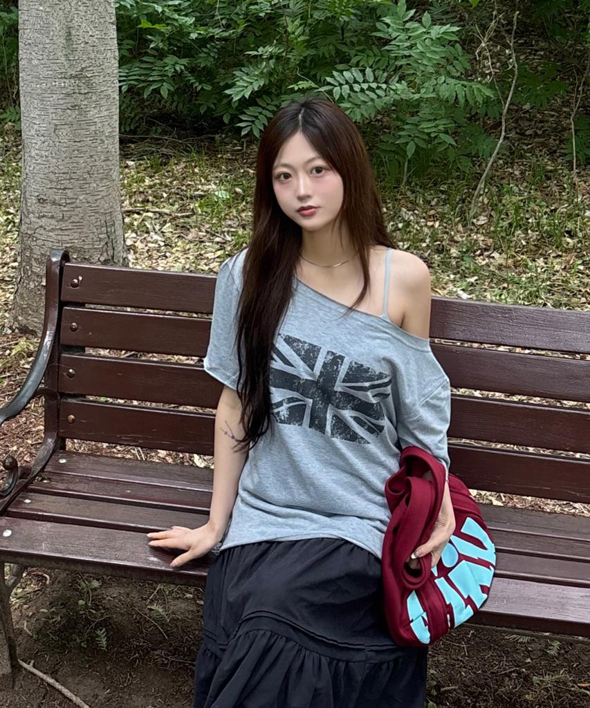 AWESOME STUDIO Union Jack One-Shoulder T-Shirt Melange Grey