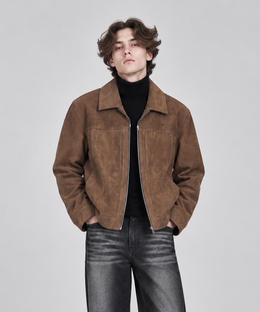 IKALOOK Suede Stand Collar Lambskin Jacket Dd1Fmlj117