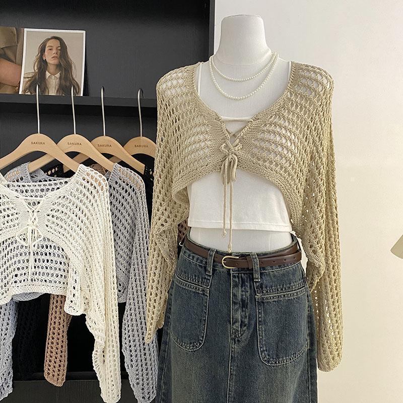 Полый короткий вязаный кардиган от солнца женский летний взрыв чистый на шнуровке ленивый шаль рубашка