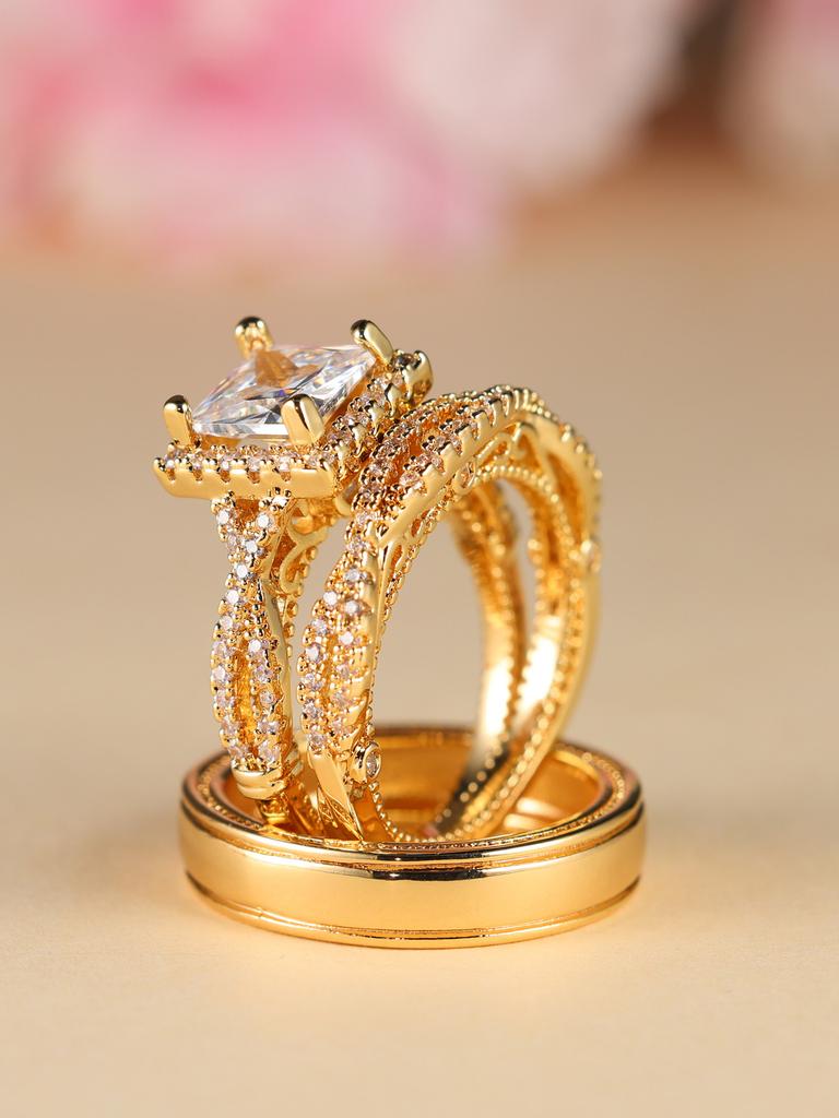 Трехэлементный набор колец Rose Gold с бриллиантами, цирконием, полностью бриллиантовый, женское парное кольцо, мужское кольцо