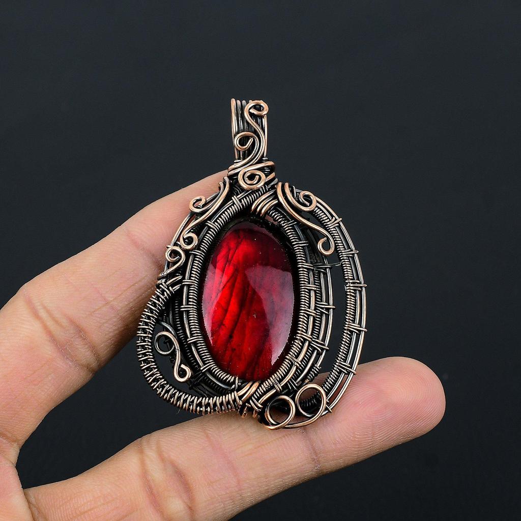Red Flash Labradorite Pendant, 999 Copper Wire Wrapped Jewelry, Gemstone Jewelry Pendant, Handmade Wedding Gift Jewelry