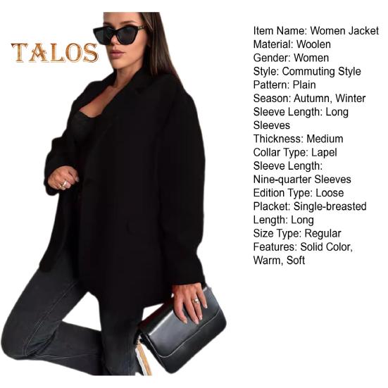 Женская куртка осень-зима, теплая, с толстым воротником-лацканом, свободная, повседневная, шерстяная, однобортная, свободного покроя, с длинными рукавами