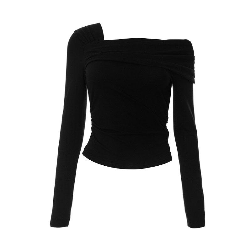 Европейская и американская мода осень с покатым плечом, облегающий женский топ с длинными рукавами