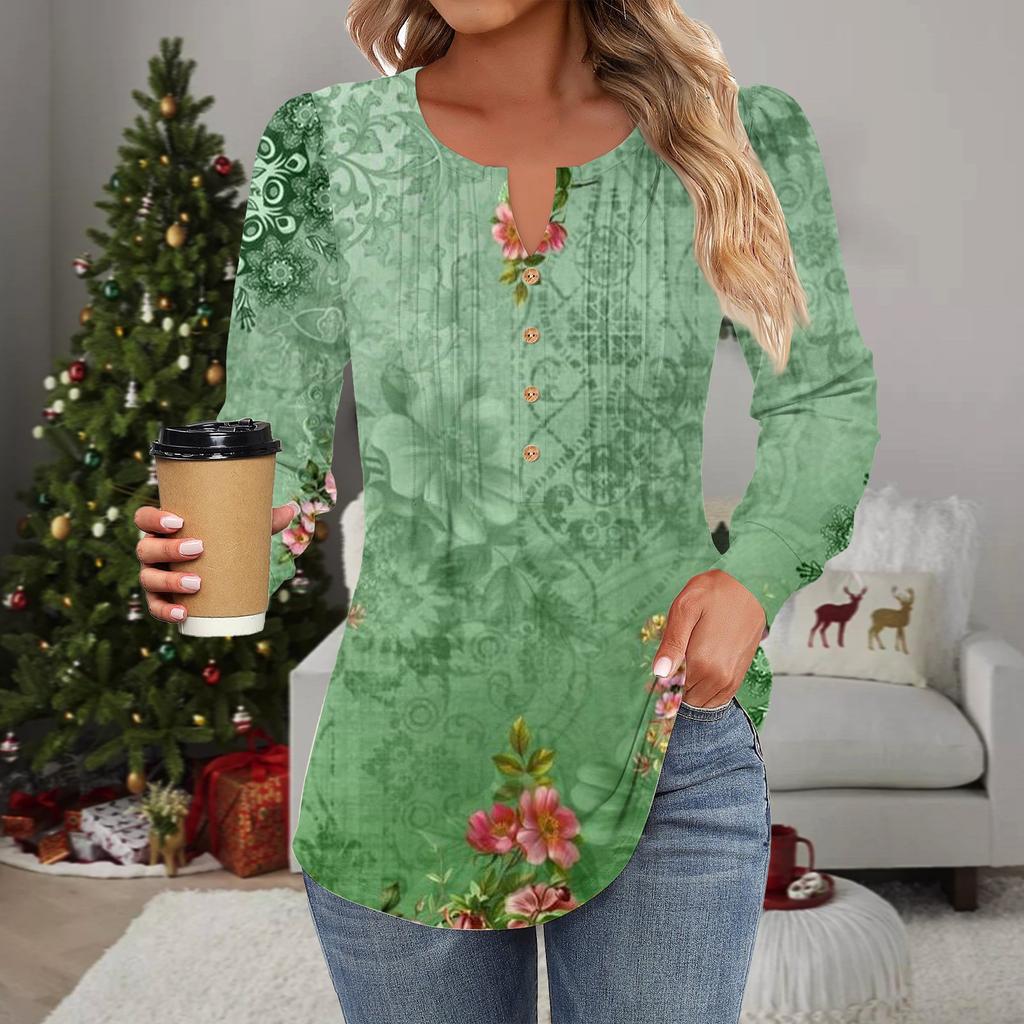 Женская мода повседневная плиссированная футболка с круглым вырезом и декоративными пуговицами и цветами с длинным рукавом