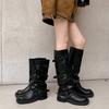 2025 New Heightening Black Tube Pants Tube Boots Female Western Cowboy Knight Boots Thick-soled Pleated Stacking Boots