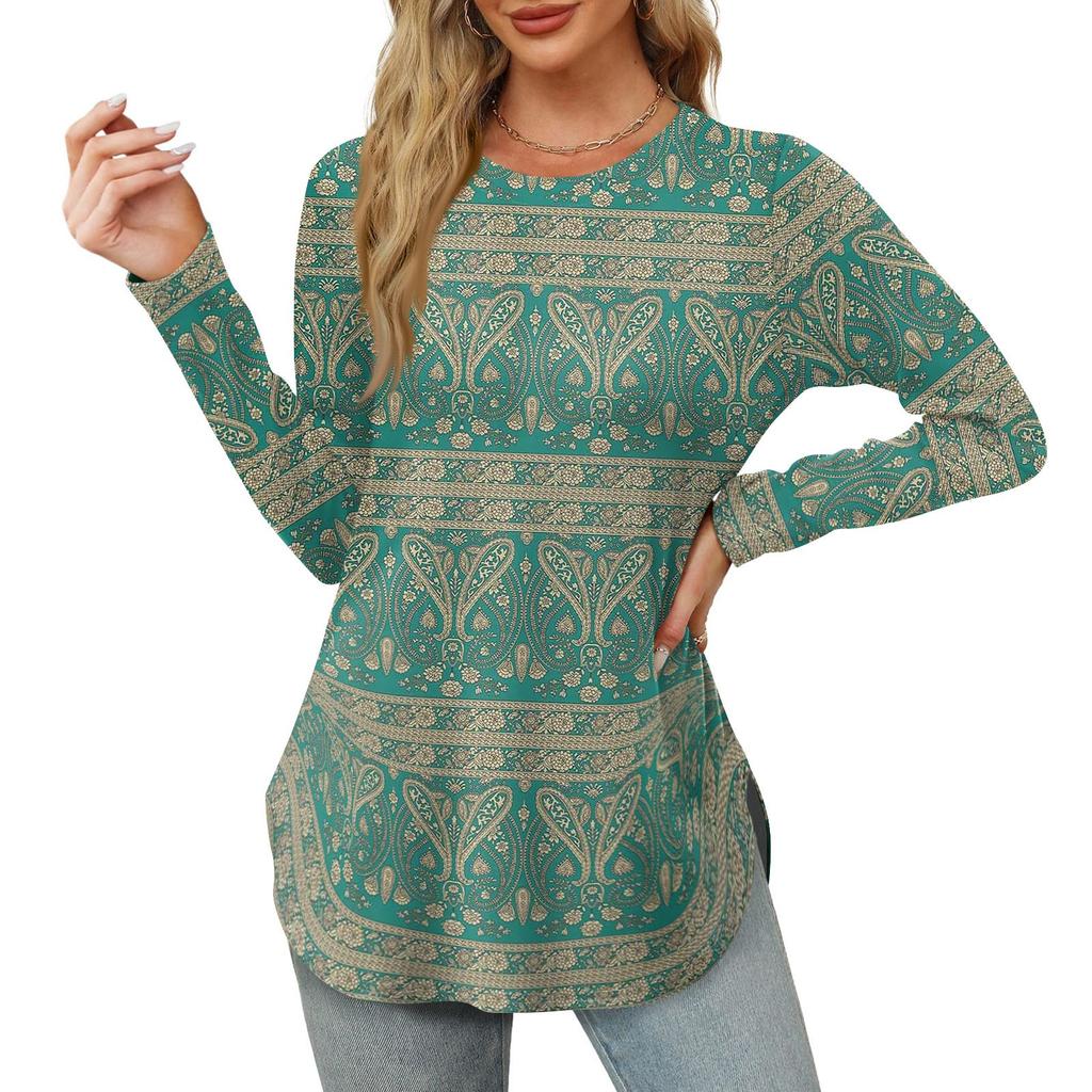 Женские рубашки с длинным рукавом и круглым вырезом, базовые свободные туники с боковым разрезом, повседневные рубашки с цветочным принтом