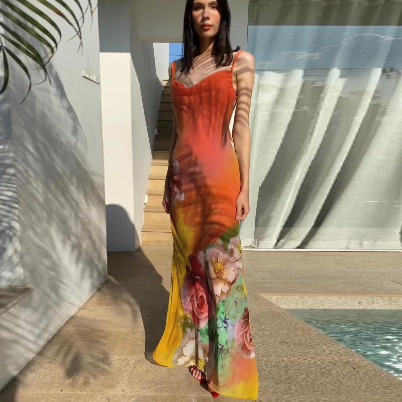 Women Elegant Sleeveless Floral Printed Bodycon Backless Long Dress 2024 Summer Clothes Wholesale Items For Business