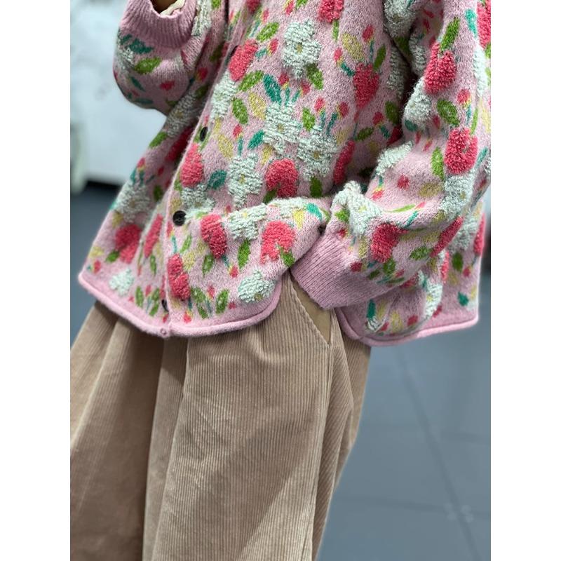 Зима Новинка Плюс Размер Осень Женщины Цветочные Пуговицы Свитера Куртка Вязание Мода Оверсайз Повседневный Стиль Свободный Кардиган Свитер