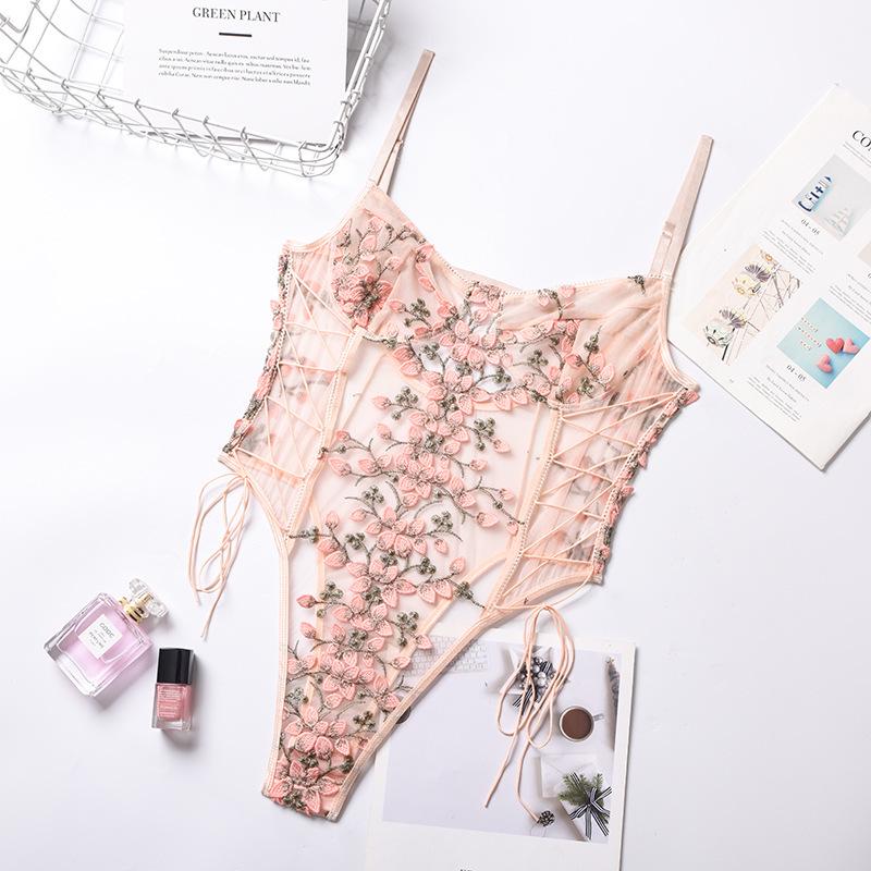 Lace Embroidery Bandage See-Through Sexy Bodysuit for Women