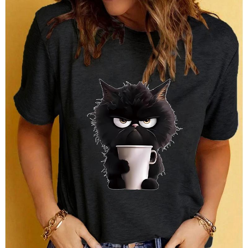 Модная женская футболка с милым принтом кота, забавная повседневная футболка с круглым вырезом и короткими рукавами, летняя женская футболка