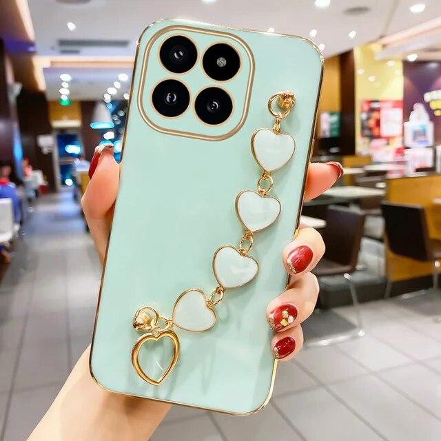 Чехол-браслет с гальваническим покрытием Love Heart для Xiaomi Mi 14T Pro 13T Pro 12T 11T Pro Chain Wristband, защита объектива камеры, мягкий чехол