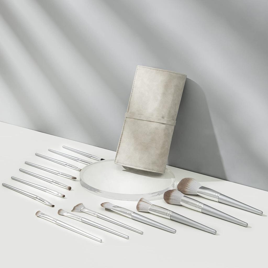 Набор кистей для макияжа YINAN Studio, 14 мягких кистей для макияжа в элегантном кожаном чехле, популярный набор кистей серебристого цвета