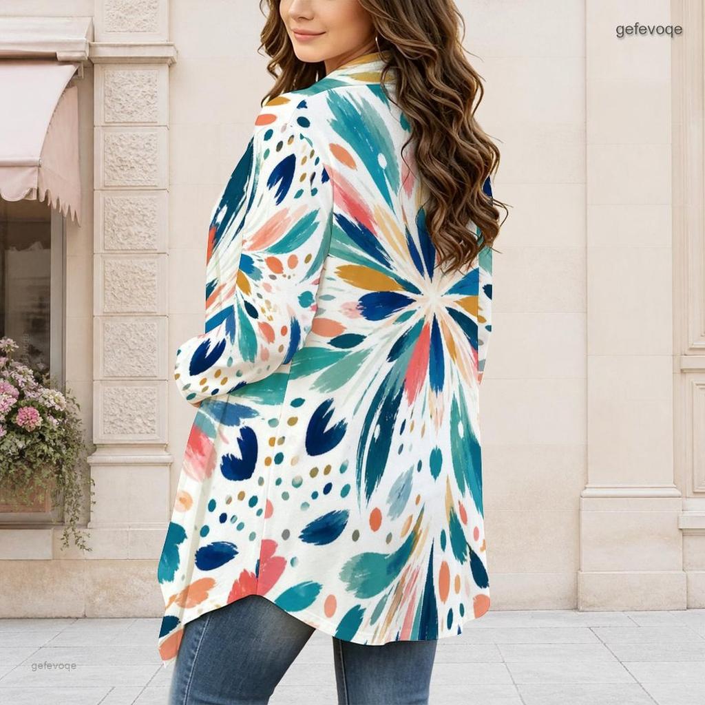 Women Plus Size Open Front Long Sleeve Draped Collar Floral Printed Curved Hem Cardigan