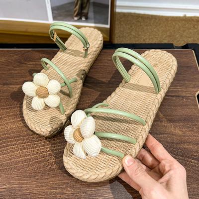 CRLAYDK женские сандалии на плоской подошве, летние нарядные повседневные тапочки с цветочным принтом и кожаным ремешком телесного цвета, милые бохо-слайды для отпуска