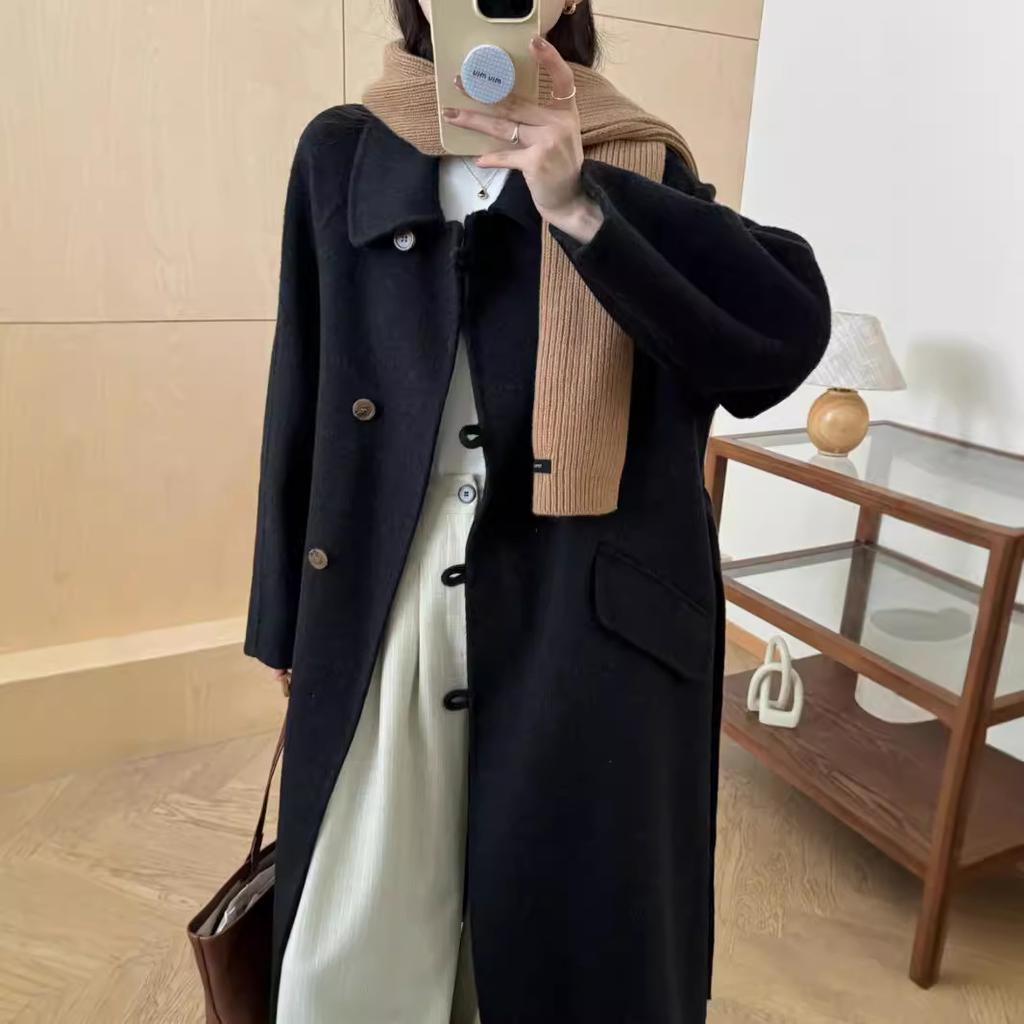Baby Doll Collar Single-breasted Double-sided Wool Coat for Women Long Plate Buttoned Off Shoulder Sleeves Double-sided Cashmere Plus