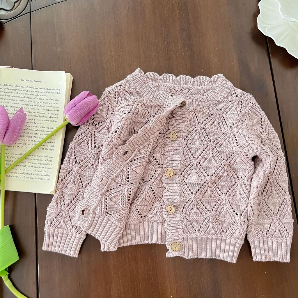 Детский вязаный кардиган для девочек 0-2 лет, свитер для девочек, осеннее новое детское полое шерстяное пальто из хлопковой пряжи, топ